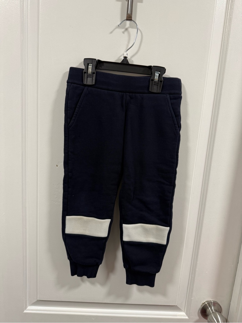 Moncler Kids Navy Jogger Pants with White Knee Stripe